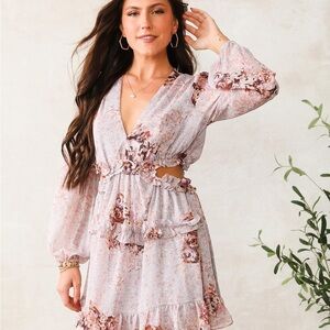 Privy Floral Long Sleeve Dress - White and Pink